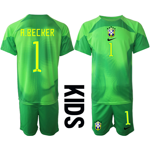 Brasilien Alisson Becker #1 Målmand Udebanesæt Børn VM 2022 Kortærmet (+ Korte bukser)